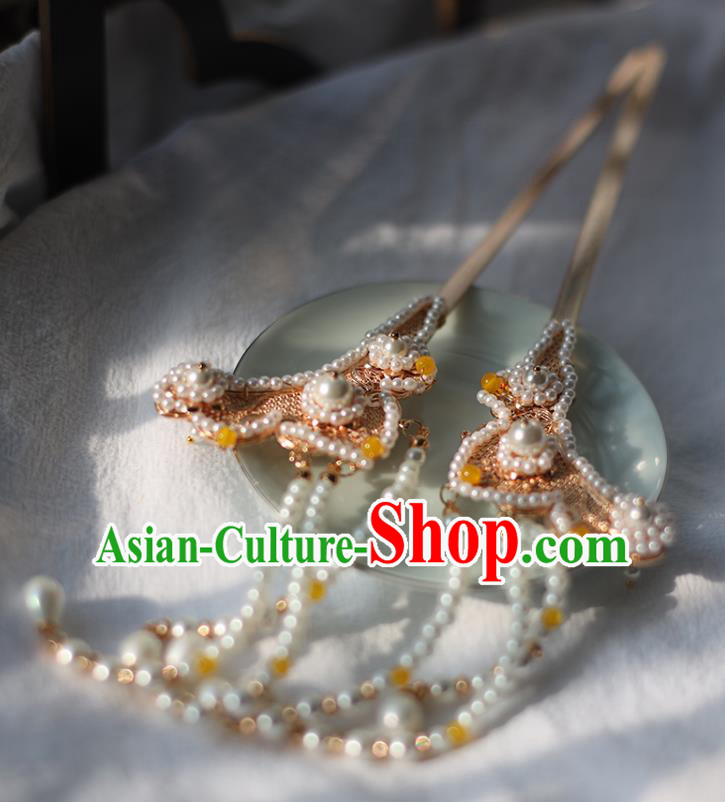 Handmade Chinese Song Dynasty Hair Clip Traditional Classical Hanfu Hair Accessories Ancient Empress Pearls Tassel Hairpins for Women