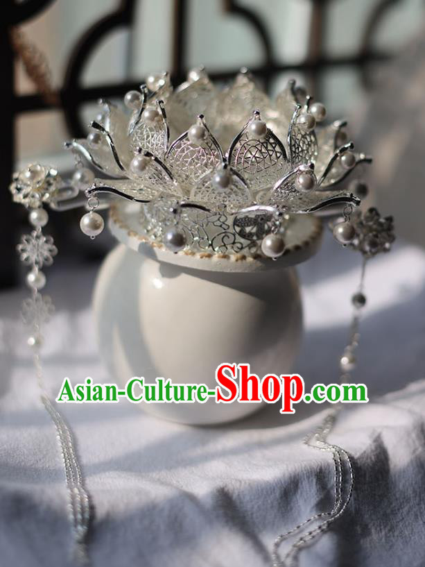 Handmade Chinese Classical Argent Lotus Hair Crown Traditional Hair Accessories Ancient Hanfu Tassel Hairpins for Women