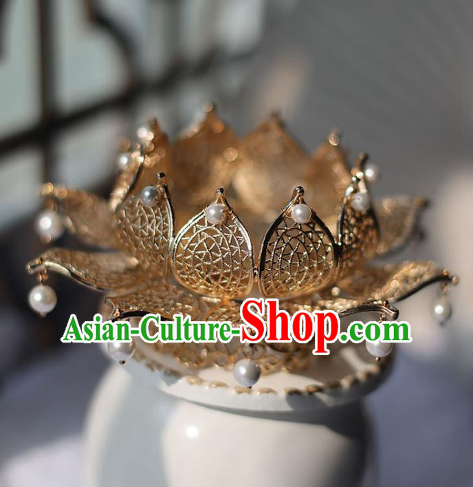 Handmade Chinese Classical Golden Lotus Hair Crown Traditional Hair Accessories Ancient Hanfu White Beads Hairpins for Women