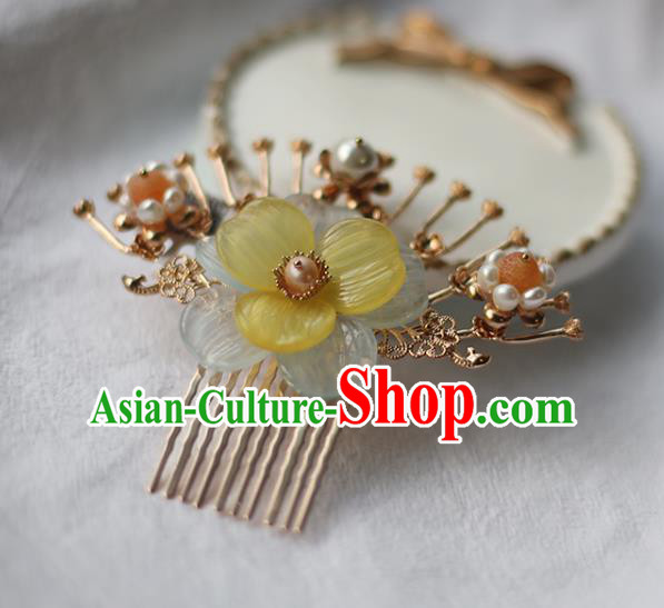 Handmade Chinese Classical Golden Hair Comb Traditional Hair Accessories Ancient Hanfu Flower Hairpins for Women