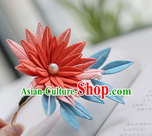 Handmade Chinese Classical Red Silk Flower Hair Clip Traditional Hair Accessories Ancient Hanfu Court Hairpins for Women