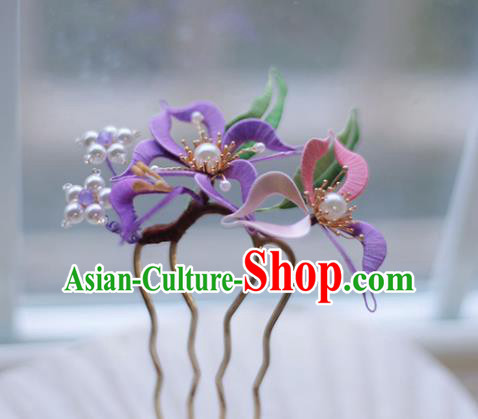 Handmade Chinese Classical Purple Silk Flower Hair Clip Traditional Hair Accessories Ancient Hanfu Court Hairpins for Women