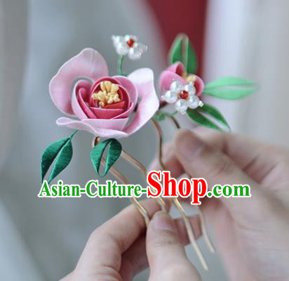 Handmade Chinese Classical Hair Comb Traditional Hair Accessories Ancient Hanfu Court Pink Silk Rose Hairpins for Women