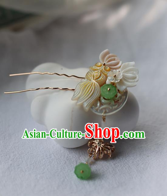 Handmade Chinese Tassel Hair Clip Traditional Classical Hanfu Hair Accessories Ancient Princess Shell Carving Goldfish Hairpins for Women
