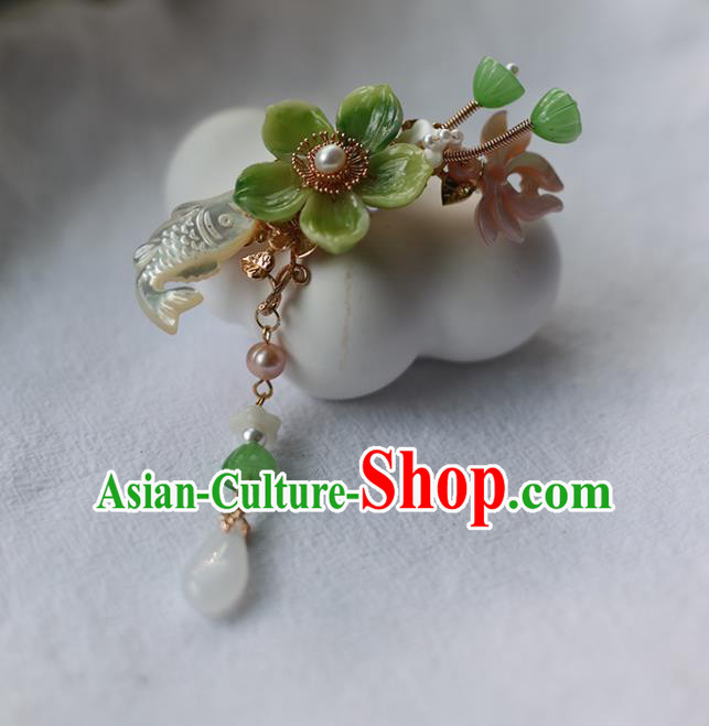 Handmade Chinese Green Lotus Hair Clip Traditional Classical Hanfu Hair Accessories Ancient Princess Shell Carving Fish Hairpins for Women