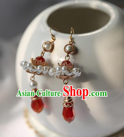 Traditional Chinese Handmade Red Earrings Ancient Hanfu Beads Ear Accessories for Women