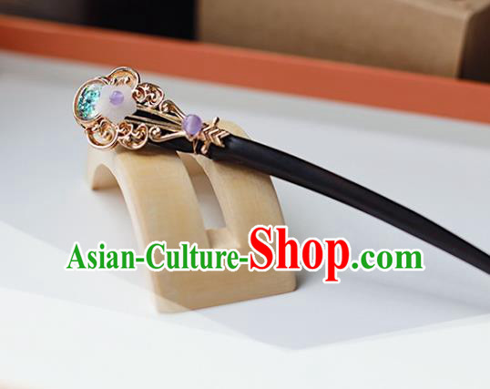 Handmade Chinese Classical Green Bead Lute Hair Clip Traditional Hair Accessories Ancient Hanfu Ebony Hairpins for Women