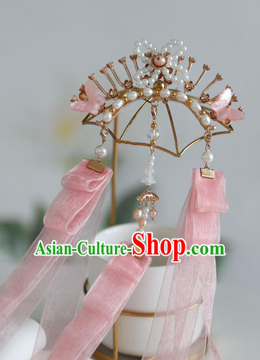 Handmade Chinese Classical Pearls Hairpins Traditional Hair Accessories Ancient Hanfu Pink Ribbon Hair Claw for Women