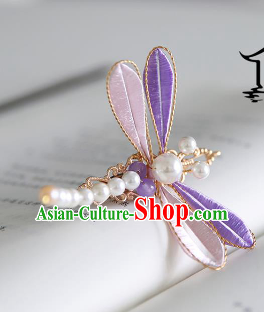 Handmade Chinese Classical Pearls Hairpins Traditional Hair Accessories Ancient Hanfu Purple Silk Dragonfly Hair Claw for Women