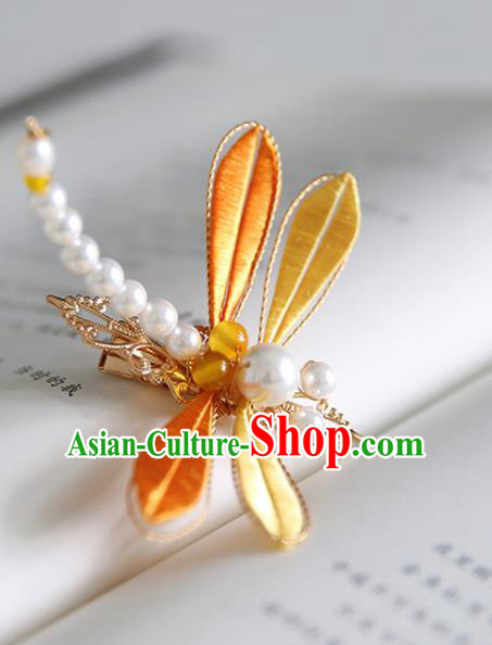 Handmade Chinese Classical Pearls Hairpins Traditional Hair Accessories Ancient Hanfu Yellow Silk Dragonfly Hair Claw for Women