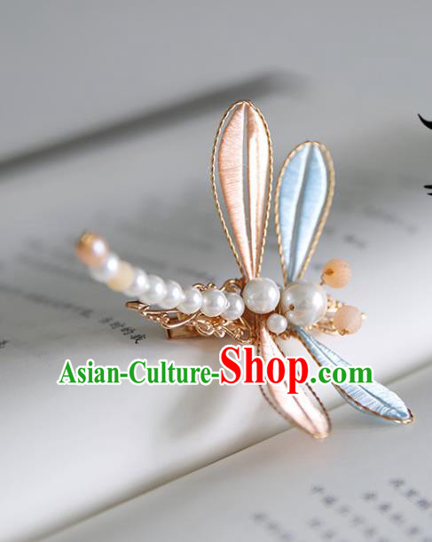 Handmade Chinese Classical Pearls Hairpins Traditional Hair Accessories Ancient Hanfu Pink Silk Dragonfly Hair Claw for Women