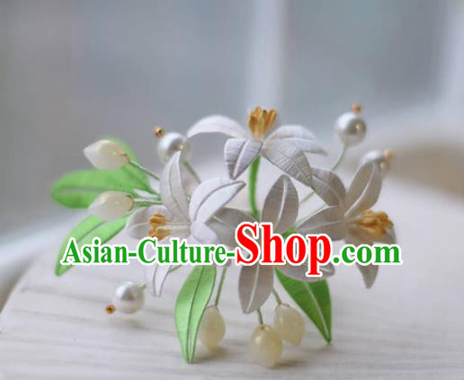 Handmade Chinese Classical Lily Flowers Hair Comb Traditional Hair Accessories Ancient Hanfu Court White Silk Hairpins for Women