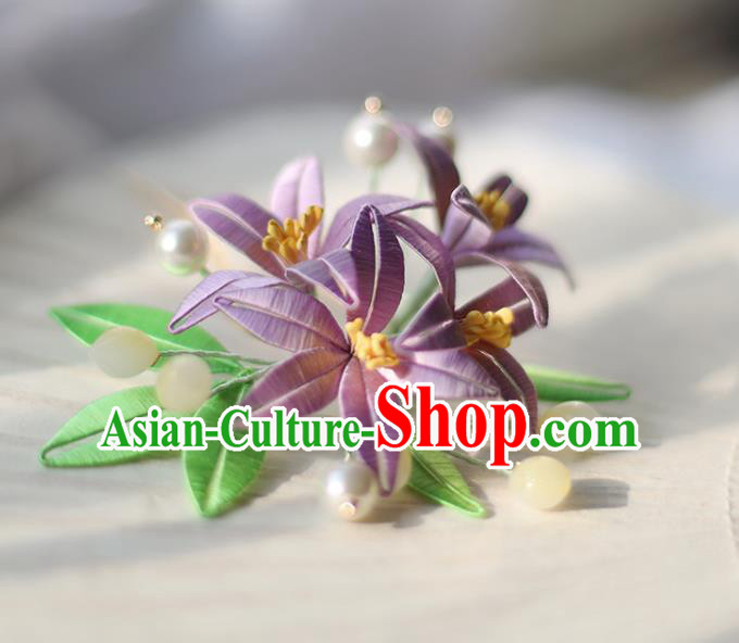 Handmade Chinese Classical Lily Flowers Hair Comb Traditional Hair Accessories Ancient Hanfu Court Lilac Silk Hairpins for Women