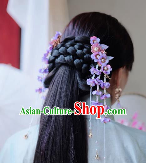 Handmade Chinese Classical Purple Silk Wisteria Hair Claw Traditional Hair Accessories Ancient Hanfu Hairpins Tassel Hair Stick for Women