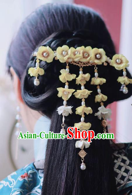 Handmade Chinese Classical Yellow Silk Wisteria Hair Claw Traditional Hair Accessories Ancient Hanfu Hairpins Tassel Hair Stick for Women