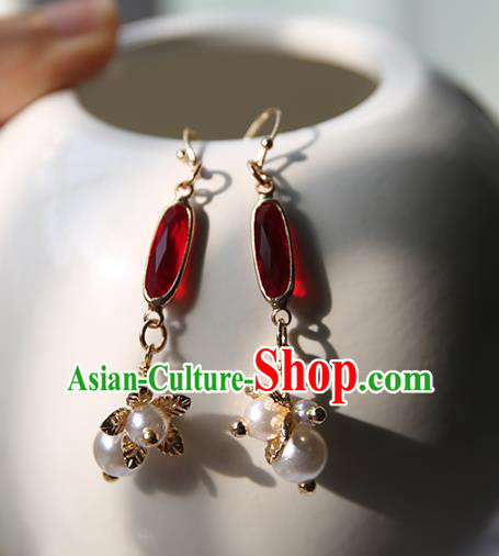 Traditional Chinese Handmade Red Gem Earrings Ancient Hanfu Ear Accessories for Women