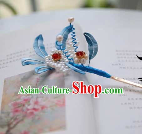 Handmade Chinese Classical Blue Silk Leaf Hairpins Traditional Hair Accessories Ancient Qing Dynasty Court Pearls Hair Clip for Women