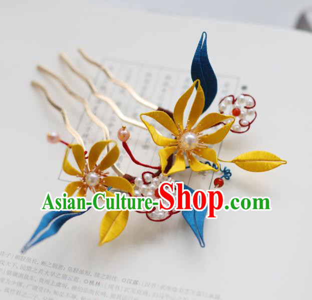 Handmade Chinese Classical Yellow Silk Flowers Hairpins Traditional Hair Accessories Ancient Qing Dynasty Court Hair Comb for Women