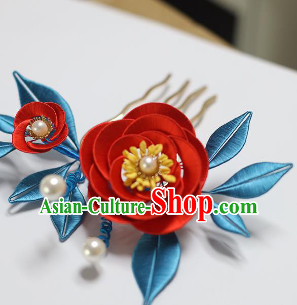 Handmade Chinese Classical Silk Flowers Hairpins Traditional Hair Accessories Ancient Qing Dynasty Court Red Camellia Hair Clip for Women