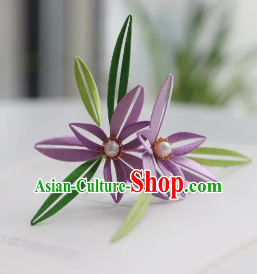 Handmade Chinese Classical Purple Silk Flowers Hairpins Traditional Hair Accessories Ancient Qing Dynasty Court Orchid Hair Clip for Women