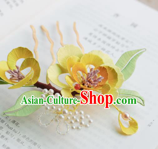 Handmade Chinese Classical Yellow Silk Flowers Hairpins Traditional Hair Accessories Ancient Qing Dynasty Court Peony Hair Comb for Women