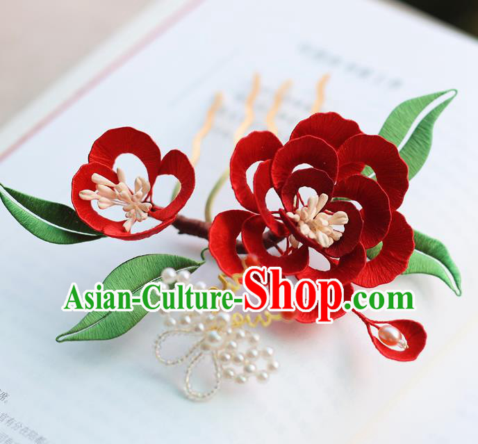 Handmade Chinese Classical Silk Flowers Hairpins Traditional Hair Accessories Ancient Qing Dynasty Court Red Peony Hair Comb for Women