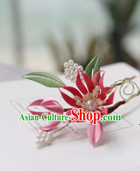 Handmade Chinese Classical Court Hairpins Traditional Hair Accessories Ancient Qing Dynasty Pink Silk Flower Hair Clip for Women