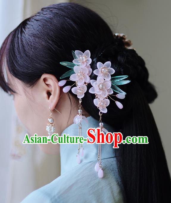 Handmade Chinese Classical Pink Sakura Hairpins Traditional Hair Accessories Ancient Hanfu Tassel Hair Claws for Women