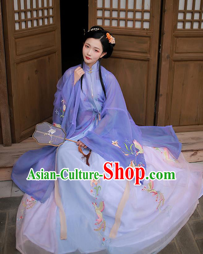 Chinese Traditional Ming Dynasty Hanfu Garment Ancient Noble Lady Historical Costumes Purple Long Blouse and Skirt Complete Set