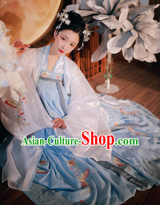 Chinese Traditional Tang Dynasty Court Woman Hanfu Garment Ancient Princess Historical Costumes White Cloak Blouse and Blue Dress Full Set