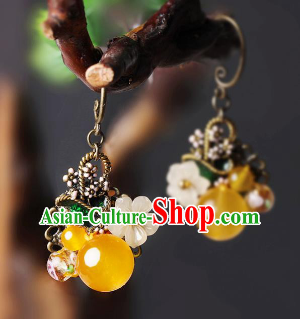 Traditional Chinese Ear Accessories Handmade Eardrop National Cheongsam Yellow Chalcedony Earrings for Women