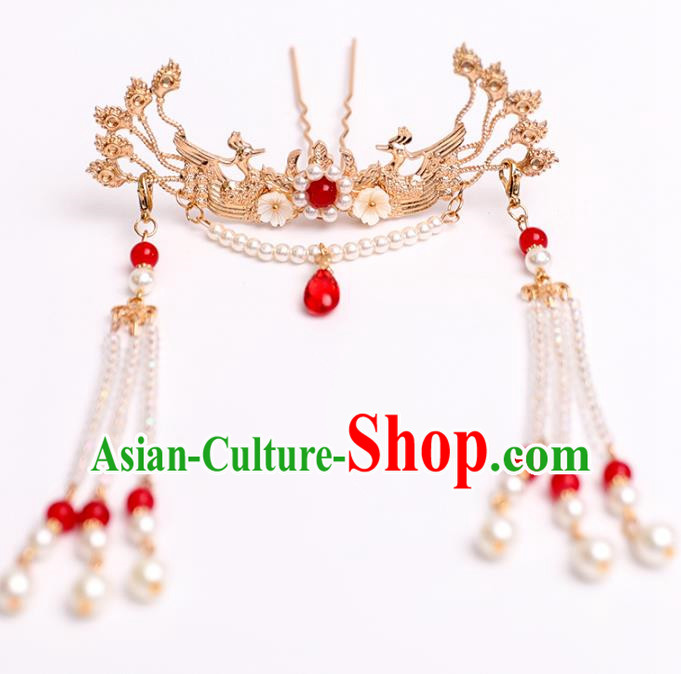 Chinese Classical Wedding Golden Phoenix Hair Crown Traditional Bride Hair Accessories Handmade Hanfu Pearls Tassel Hairpins