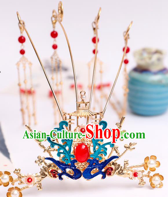 Chinese Classical Wedding Cloisonne Phoenix Tassel Hair Crown Traditional Bride Hair Accessories Handmade Hanfu Phoenix Coronet Full Set