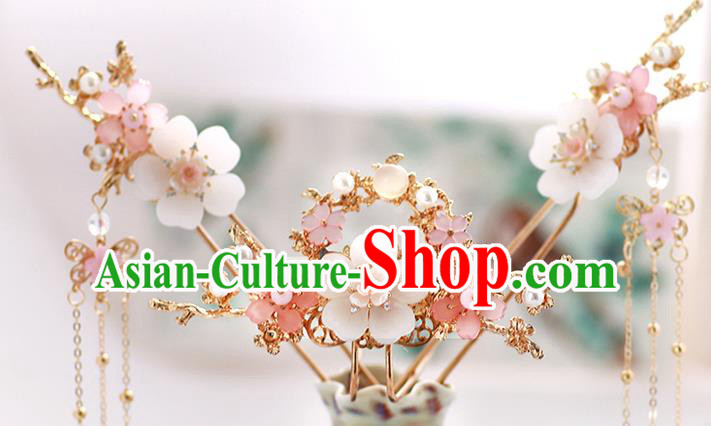 Chinese Classical Wedding Hair Crown Traditional Bride Hair Accessories Handmade Hanfu Plum Tassel Hairpins Full Set