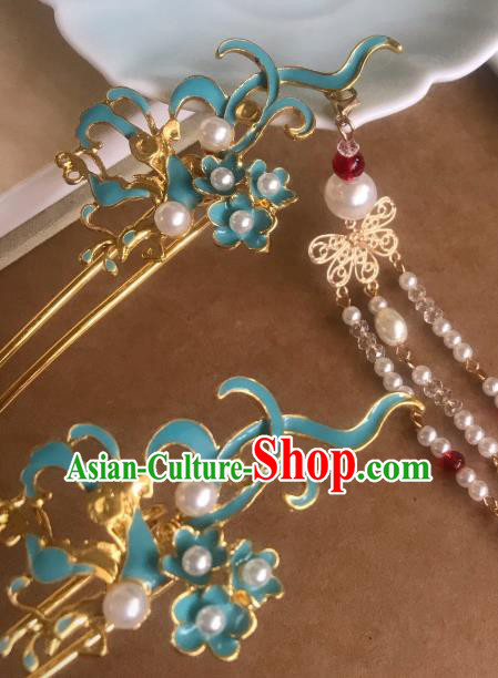 Handmade Chinese Ming Dynasty Blue Hair Clip Traditional Hair Accessories Ancient Court Tassel Hairpins for Women