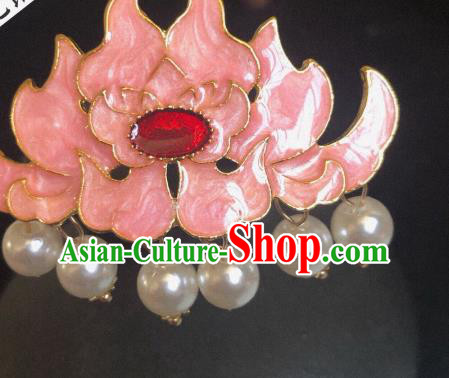 Chinese Classical Wedding Pink Lotus Hair Crown Handmade Traditional Bride Hair Accessories Tassel Hairpins