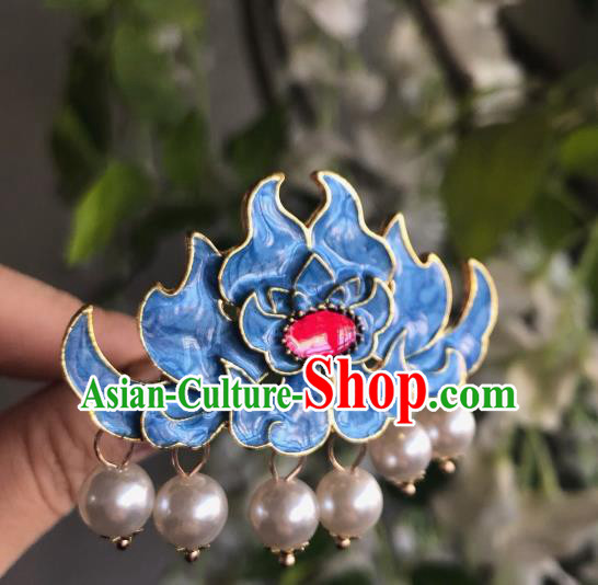 Chinese Classical Wedding Blue Lotus Hair Crown Handmade Traditional Bride Hair Accessories Tassel Hairpins