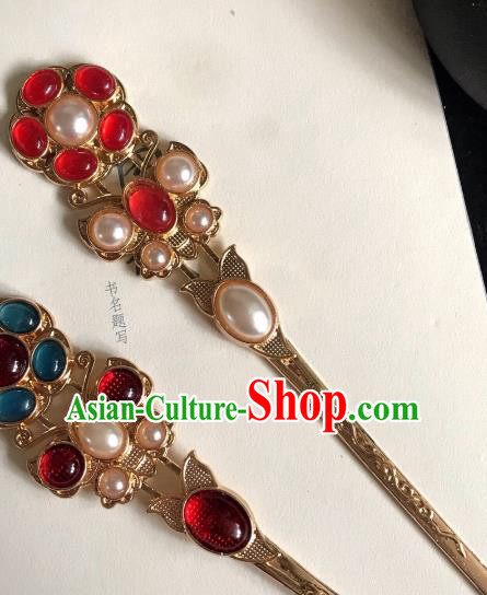 Handmade Chinese Tang Dynasty Red Agate Hair Clip Traditional Hair Accessories Ancient Court Queen Golden Hairpins for Women