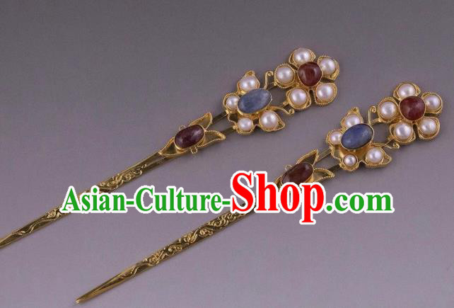 Handmade Chinese Tang Dynasty Blue Stone Hair Clip Traditional Hair Accessories Ancient Court Queen Pearls Hairpins for Women