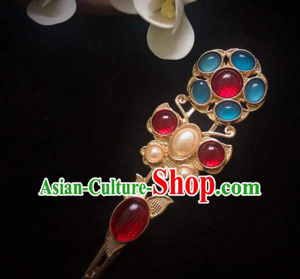 Handmade Chinese Tang Dynasty Golden Butterfly Hair Clip Traditional Hair Accessories Ancient Court Queen Agate Hairpins for Women