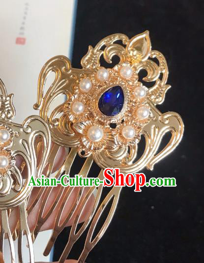 Handmade Chinese Tang Dynasty Golden Hair Comb Traditional Hair Accessories Ancient Court Royalblue Crystal Hairpins for Women