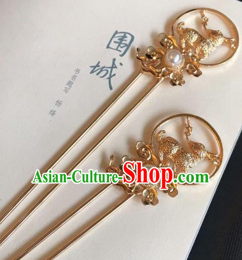 Handmade Chinese Tang Dynasty Queen Hair Clip Traditional Hair Accessories Ancient Court Golden Rabbit Hairpins for Women