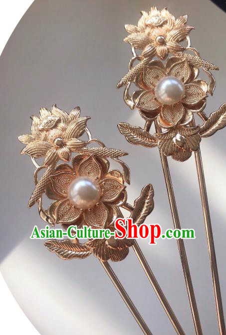 Handmade Chinese Tang Dynasty Court Queen Pearl Hair Clip Traditional Hair Accessories Ancient Golden Lotus Hairpins for Women