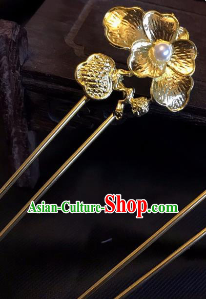 Handmade Chinese Tang Dynasty Court Queen Pearl Hair Clip Traditional Hair Accessories Ancient Golden Peony Hairpins for Women