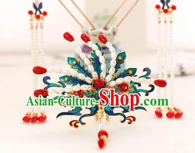 Chinese Classical Wedding Pearls Phoenix Hair Crown Traditional Bride Hair Accessories Handmade Hanfu Cloisonne Hair Comb