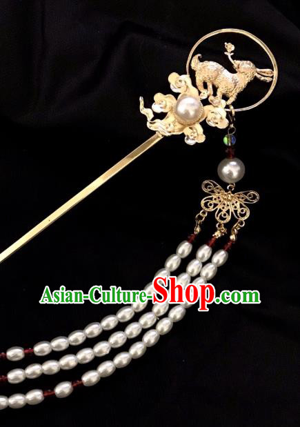 Handmade Chinese Tang Dynasty Pearls Tassel Hair Clip Traditional Hair Accessories Ancient Golden Rabbit Hairpins for Women