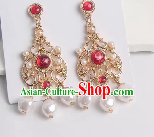 Chinese Handmade Hanfu Red Crystal Earrings Traditional Ear Jewelry Accessories Classical Golden Eardrop for Women