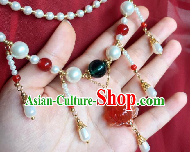 Top Grade Chinese Classical Ming Dynasty Red Lotus Necklet Jewelry Accessories Handmade Ancient Hanfu Pearls Necklace for Women