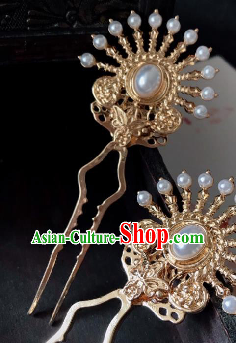 Handmade Chinese Ming Dynasty Noble Lady Hair Clip Traditional Hair Accessories Ancient Princess Golden Hairpins for Women