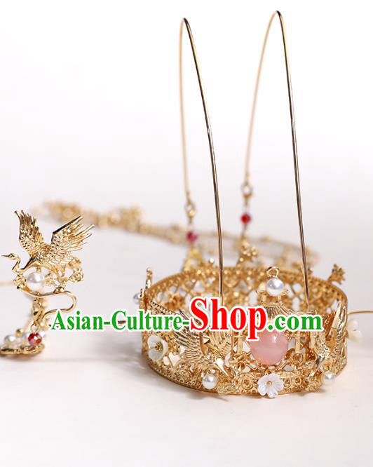 Chinese Classical Wedding Golden Crane Tassel Hair Crown Traditional Bride Hair Accessories Handmade Hanfu Round Phoenix Coronet